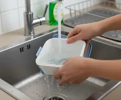 Iemand wast een plastic bakje af in de keuken gootsteen onder stromend water.