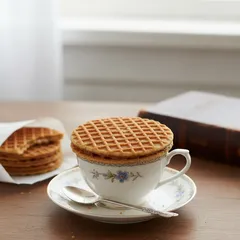 Stroopwafel op theekopje met lepel, traditionele Nederlandse snack op tafel