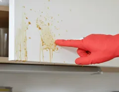 Vette keuken kastdeur wordt schoongemaakt met rode schoonmaakhandschoen.