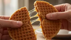 Twee handen breken een stroopwafel doormidden met stroperige vulling, typisch Nederlands tussendoort