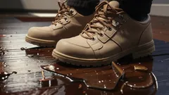 Werkschoenen staan tussen gebroken glas en gemorste vloeistof op houten vloer.