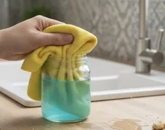 Hand met gele doek en pot schoonmaakmiddel in keuken bij aanrecht.