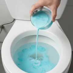 Blauwe vloeibare wc-reiniger wordt in een toilet gegoten voor schoonmaak.